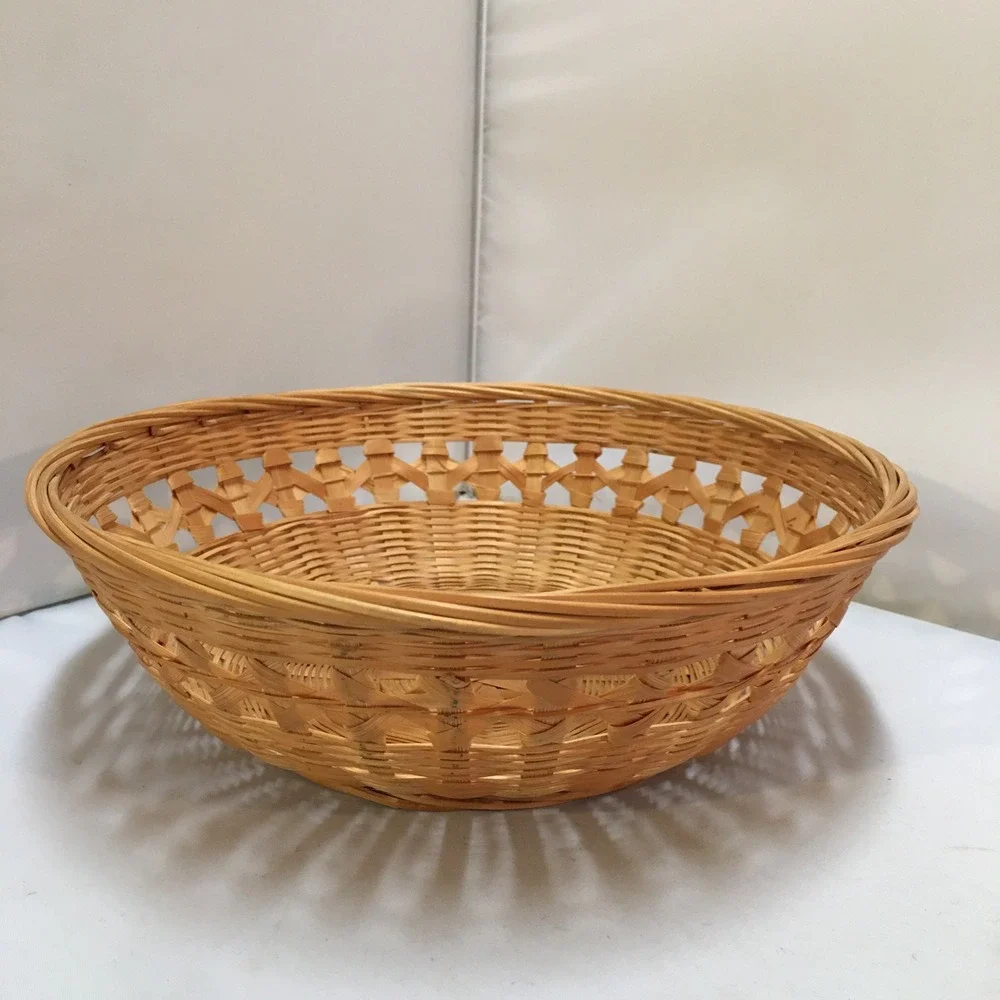 Woven Wicker Basket 8.5in Tan Round Lattice Boho Decor Cottagecore Beach Coastal